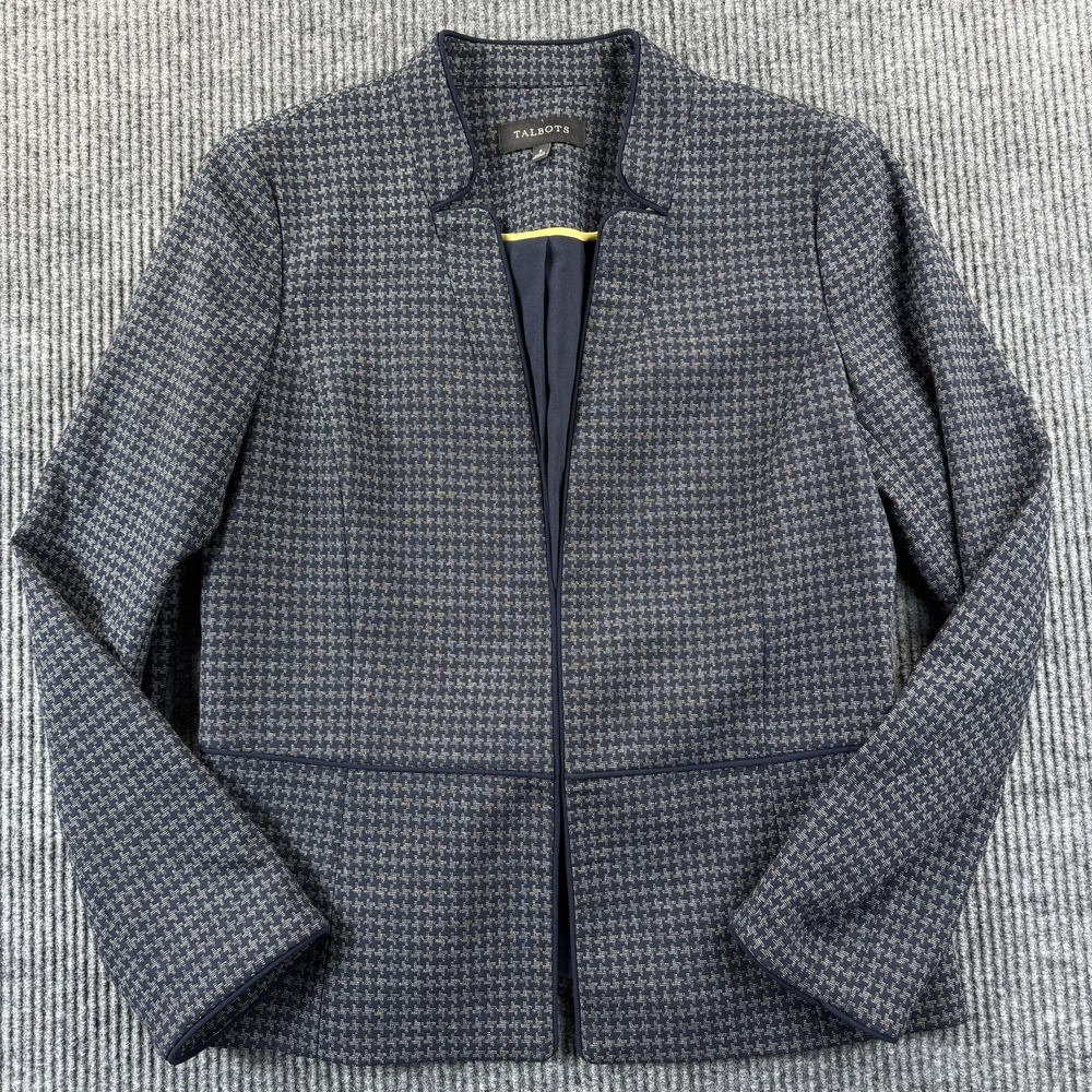 Talbots Jacket Womens 6 Blue Houndstooth Hook Front Lined Blazer Career